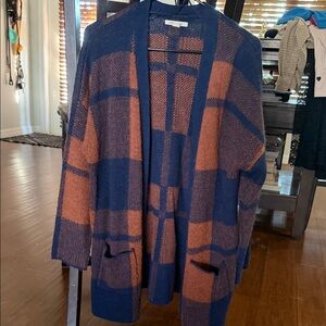 American Eagle Outfitters Blue and Orange Plaid Cardigan